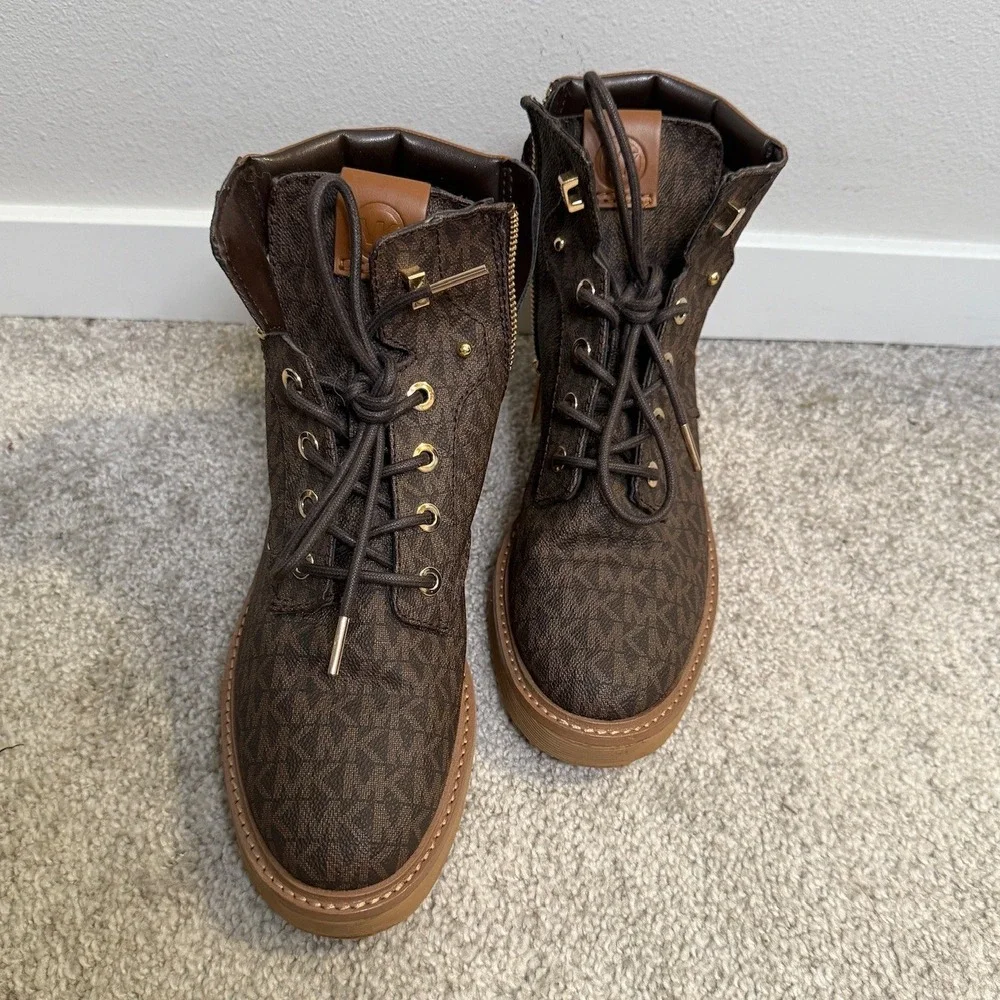 Michael Kors Women's 8 Brown‎ Trudy Leather and Logo Lace Up Boots Casual Winter